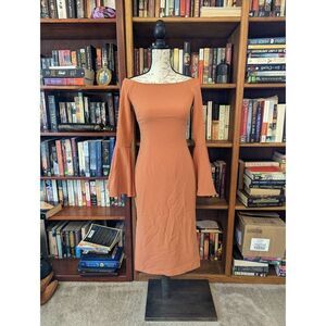 KEEPSAKE harmony dress boat neck bell sleeve bodycon burnt orange sz xs nwt